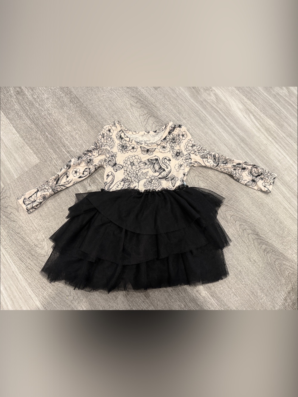 Posh Peanut Black Tulle Tiered Dress with Cream Floral Top
